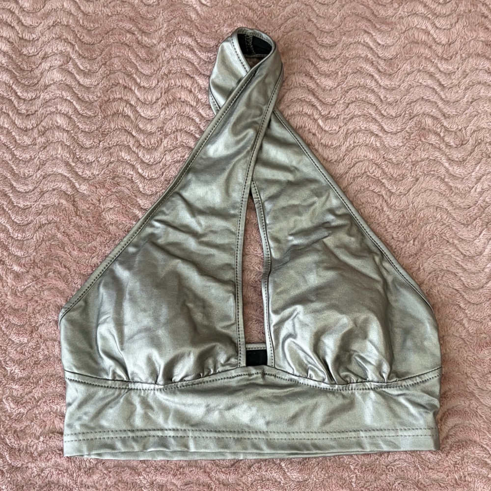 SHEIN Metallic Silver Halter Bralette Top